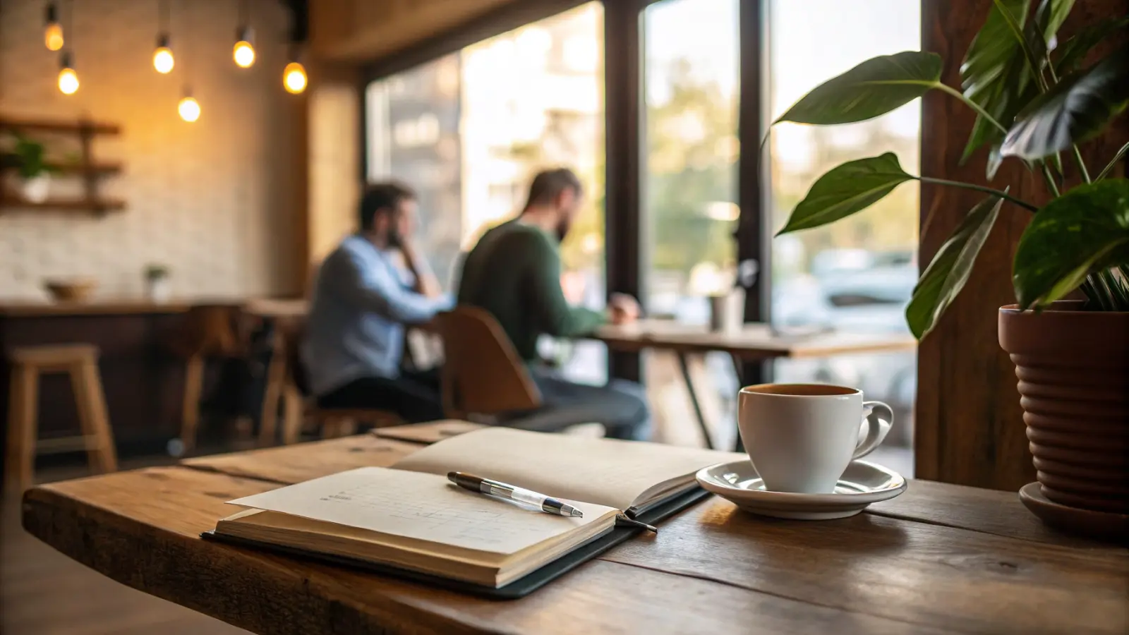 Open notebook, pen and a flat white on a café table, two people blurred in the background