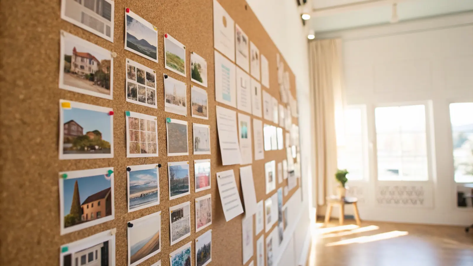 Cork studio wall pinned with a neat grid of printed photos and colour cards in warm daylight