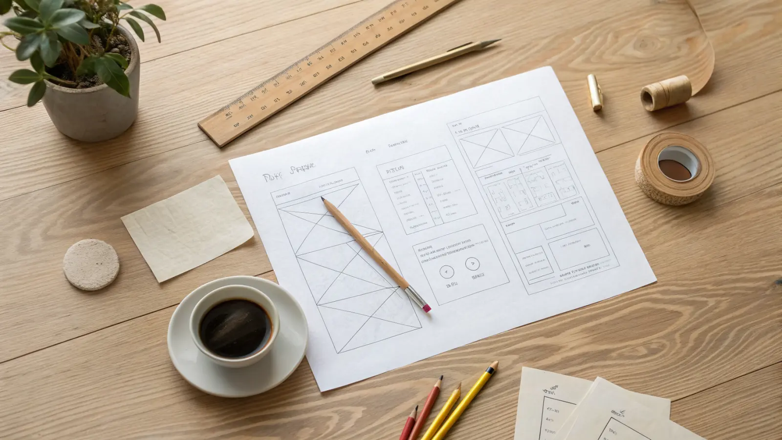 Overhead view of a desk with hand-drawn website wireframes, pencils, a ruler and a cup of coffee